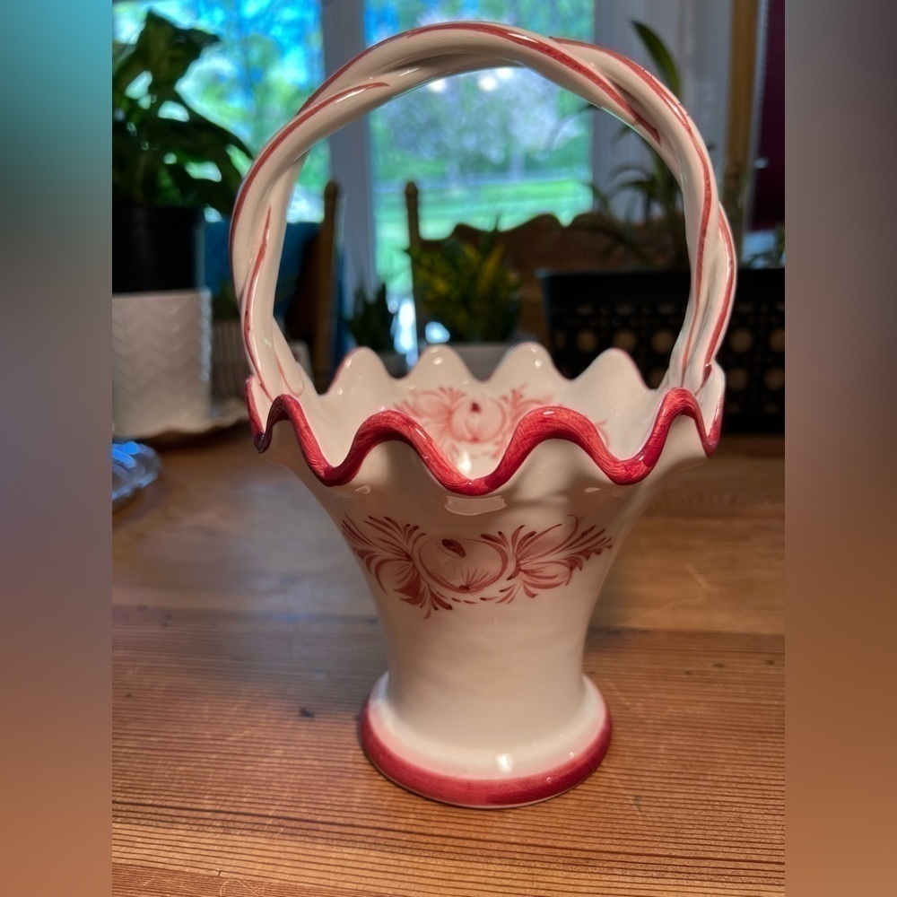 Porcelain Basket White Hand Painted Portugal Pottery RCC Vintage Twisted Handle